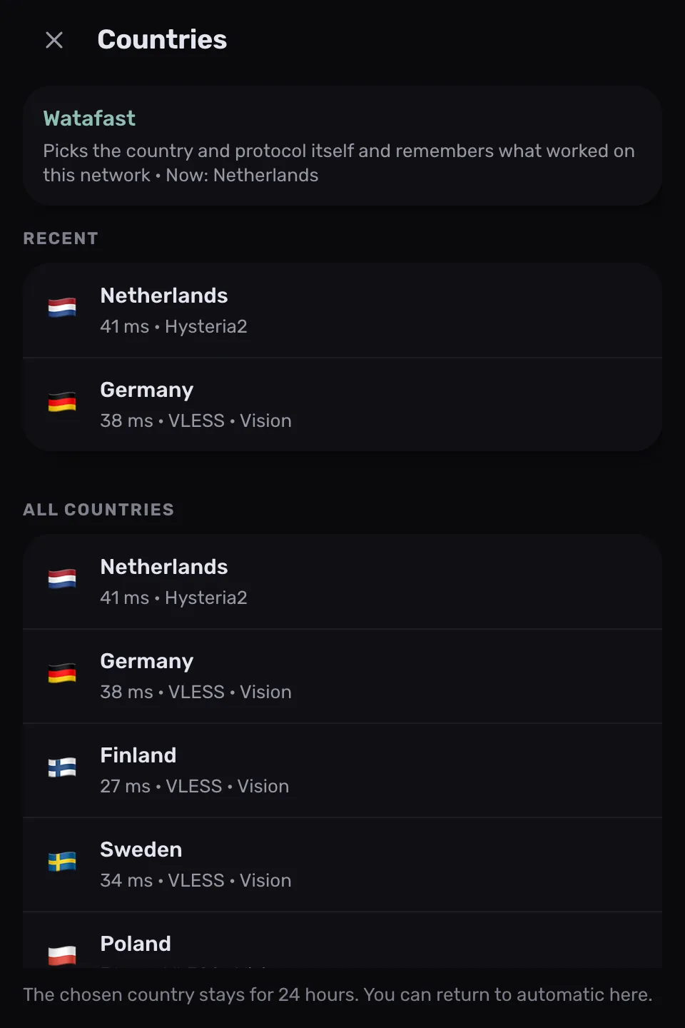 قائمة الدول في ProxysVPN وفي أعلاها WataFast: «Picks the country and protocol itself and remembers what worked on this network»