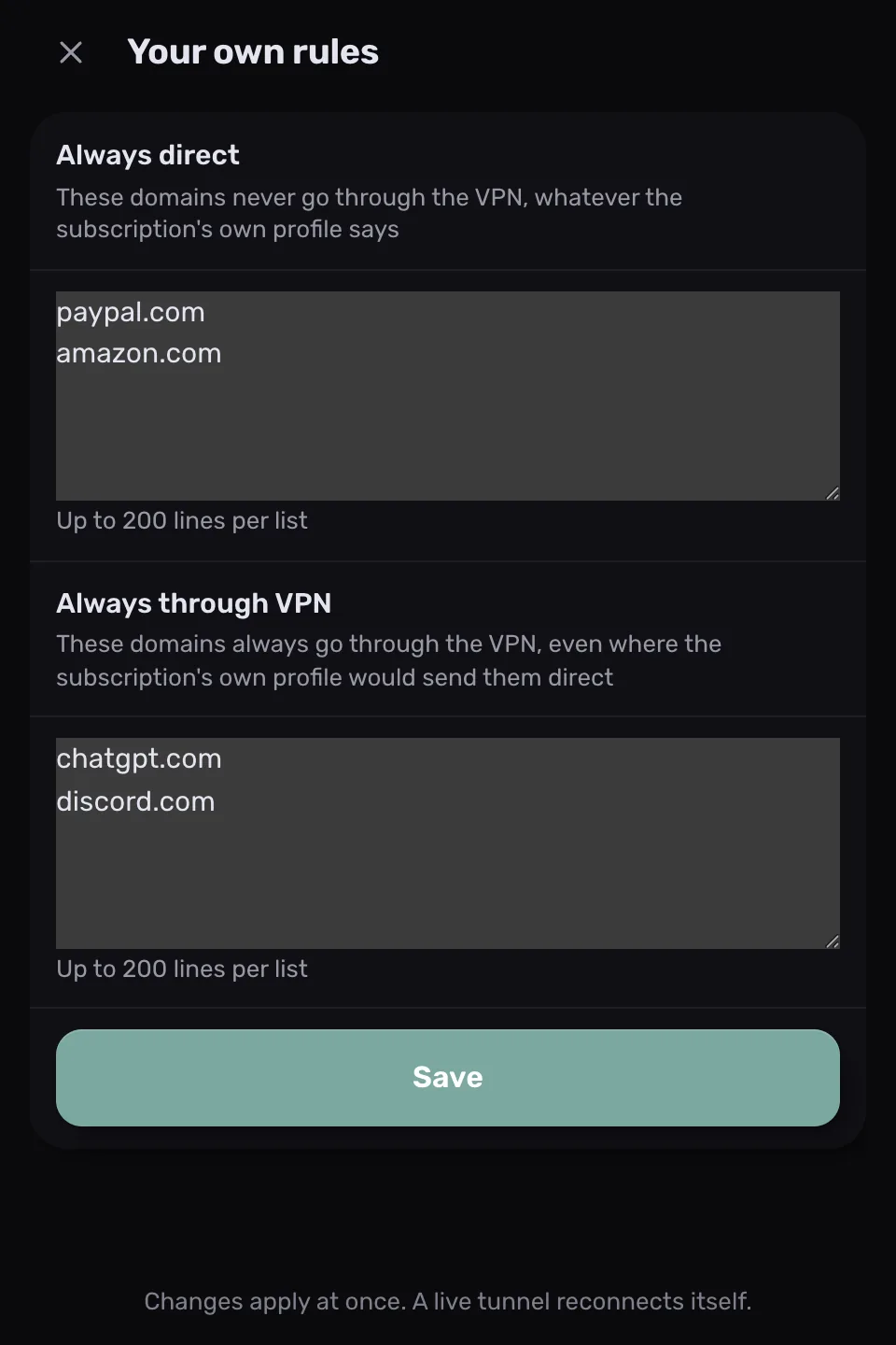 قواعدك الخاصة في ProxysVPN: قائمتا «Always direct» و«Always through VPN»