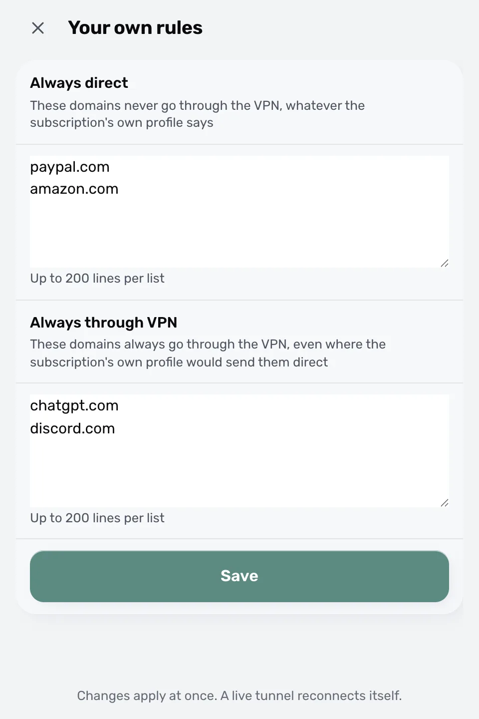 قواعدك الخاصة في ProxysVPN: قائمتا «Always direct» و«Always through VPN»